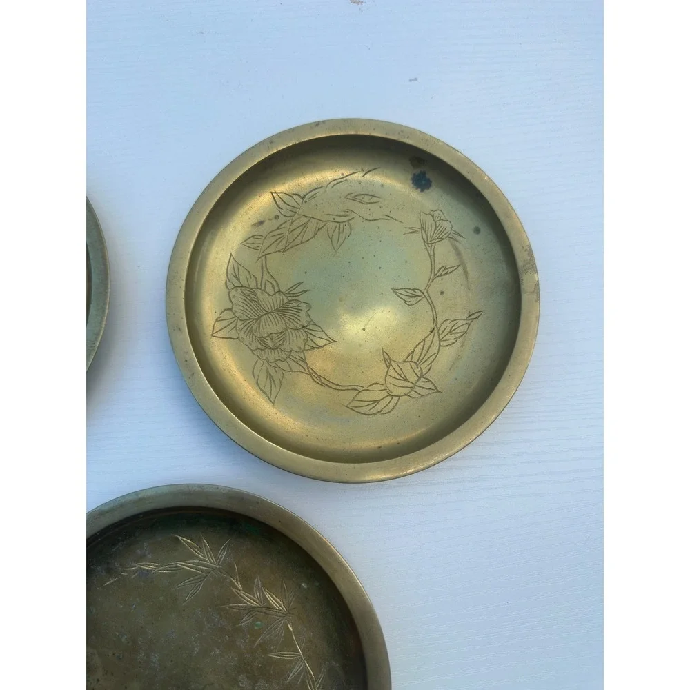 Vintage Brass Plates Etched Floral Bamboo Set of 6 Gold Metal Mid Century 4.75